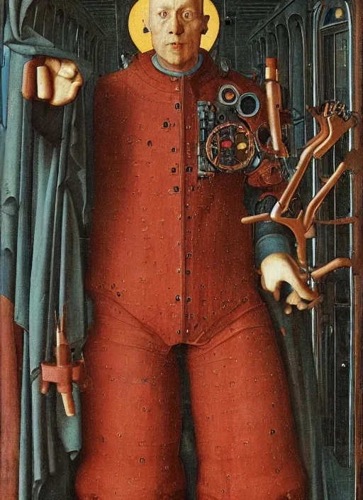 Image similar to a cyborg priest by Jan van Eyck