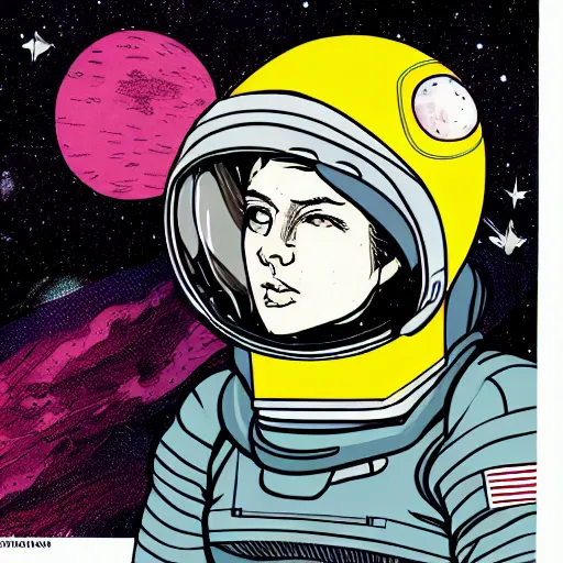 Image similar to illustration of butch tomboy stoic emotionless square - jawed heroic blonde woman astronaut, space helmet, on spacewalk, nebula in background, stellar anomaly, pen and ink, ron cobb, mike mignogna, comic book, black and white, science fiction, punk, grunge, used future, illustration, comic book cover, - ar 1 6 : 9