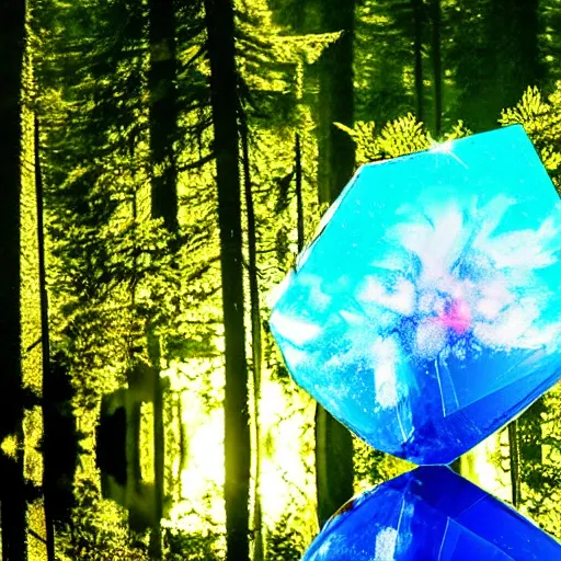 Prompt: abstract crystal sculpture of a nebula floating above a clear blue lake in the middle of an evergreen forest at dawn