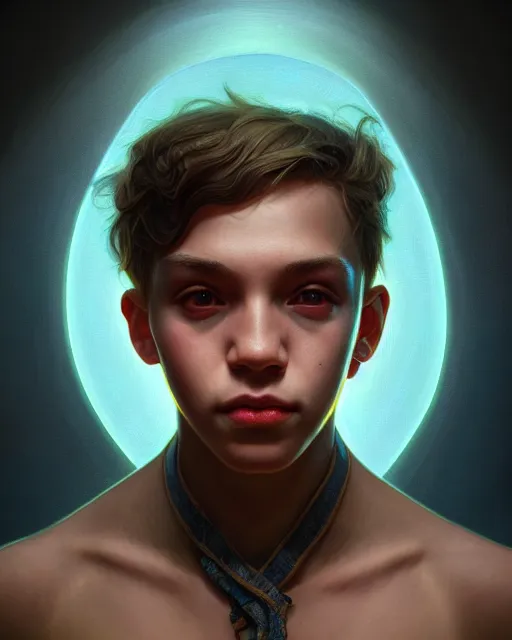 Image similar to portrait of a creepy cute boy, bioluminescent, highly detailed, digital painting, cinematic lighting, hyperrealism, dark retrowave, art by stanley lau and artgerm and magali villeneuve and alphonse mucha, artstation hd, octane render, cgsociety