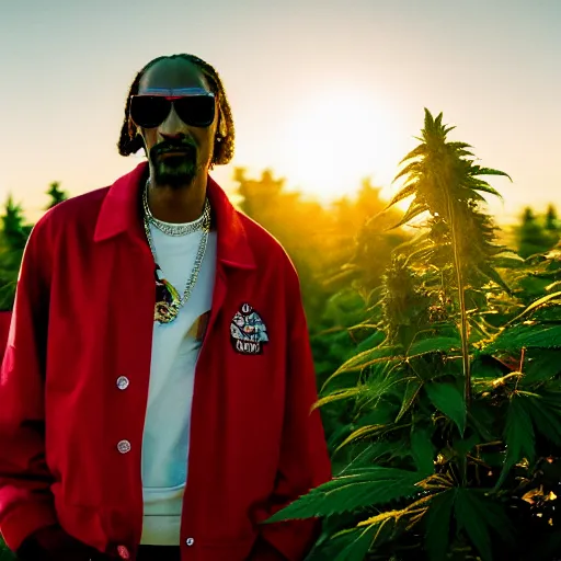 Prompt: a still of Snoop Dogg wearing sunglasses and a red jacket standing in a large field of Marijuana plants. Shallow depth of field. Magic hour, backlit, lens flare, smoke in the air.