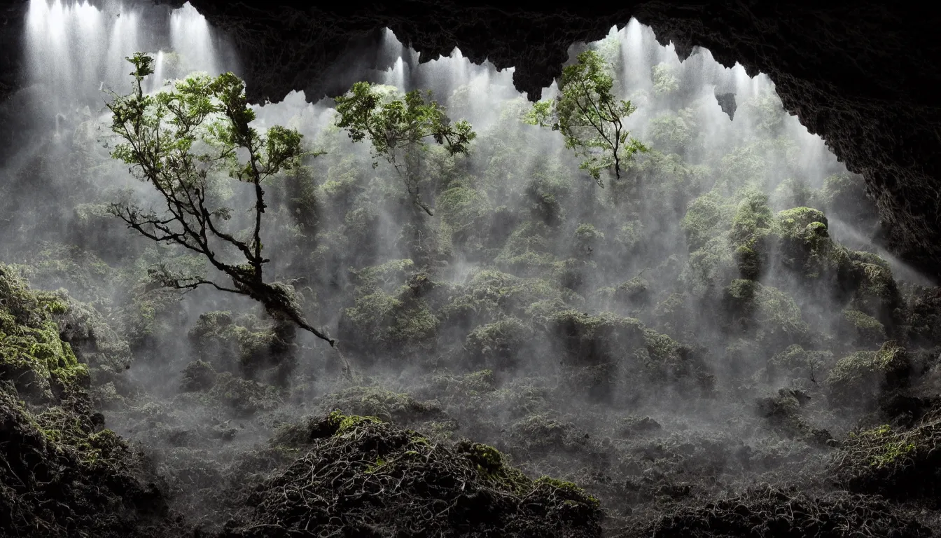 Image similar to inside huge dark wet cave looking out with growing fungal mycelium biodiversity all round , futuristic cities emerge in between the rock formations, deep boiling pools of water reflecting the surfaces around them spraying steam high into the air , dramatic dusk illuminates areas and cast strong shadows, volumetric light through the boiling mist ,detailed entangled fibres carpet the fallen rocks , tree roots puncture and crack rocks , stormy clouds gather in the distance ,full colour , upscale , 8k