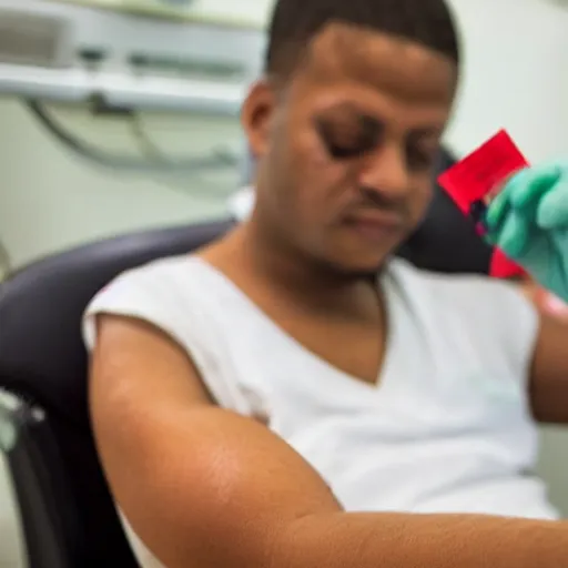 Prompt: a crying blood donor donating green blood in the hospital. green blood is dripping from blood donor's arm on to the floor.