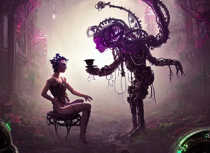 Image similar to intricate mechanical fairy with visible gears having tea with a cyborg gorgon medusa in a magical forest, having tea with a giant minotaur. Very detailed 8k. Fantasy cyberpunk horror. Sharp. Cinematic post-processing