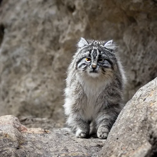 Image similar to a pallas cat ( manul ) looking into the camera from outside of a rocky cave, nature photo, trailcam