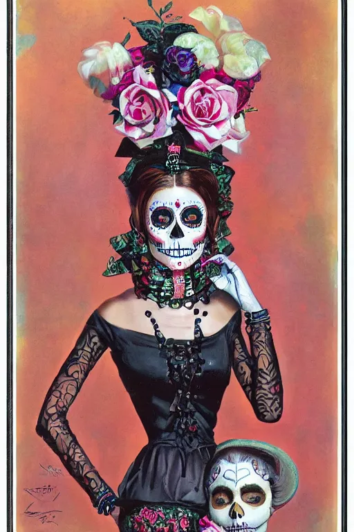 Image similar to illustration of a sugar skull day of the dead girl, art by art frahm