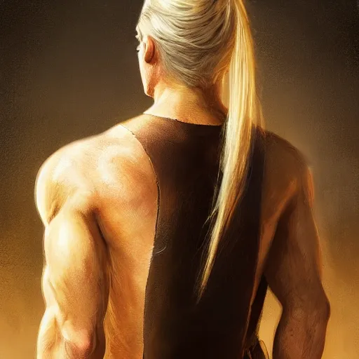 Image similar to rear side portrait of a muscular, ponytail haired blonde man with a armored left arm, wearing a brown leather coat, one side of the body scarred, looking to right, DnD, fantasy, digital art by Ruan Jia