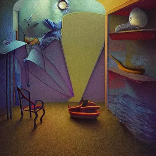 Image similar to colourful scene from a dream. digital artwork by vincent bons, michael whelan, remedios varo and gerardo dottori. grainy and rough. interesting pastel colour palette. beautiful light. oil and water colour based on high quality render.