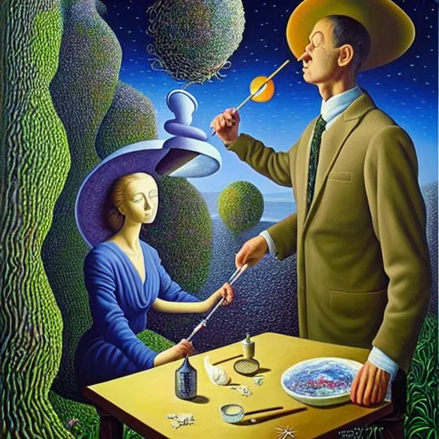 Image similar to an oil on canvas portrait of a man painting a portrait of a beautiful woman in the garden, surrealism, surrealist, lovecraftian, cosmic horror, rob gonsalves, high detail