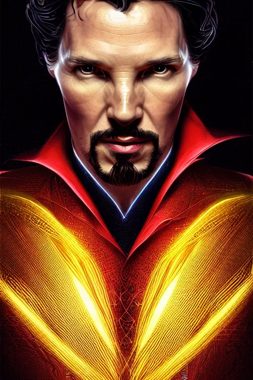 Image similar to Portrait of a doctor strange with dark hair, elegant, photorealistic, highly detailed, artstation, smooth, sharp focus, gold ornaments, neon lighting, sci-fi, art by Klimt