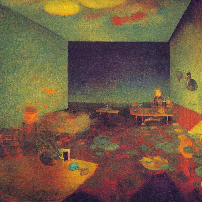 Image similar to interior of a house flooded. aurora borealis. iridescent, psychedelic colors. painting by balthus, agnes pelton, utamaro, monet