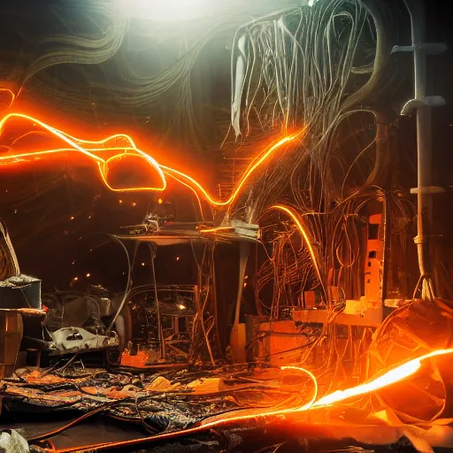 Prompt: overcharging blender, tangles of metallic cables, dark messy smoke - filled cluttered workshop, dark, dramatic lighting, orange tint, sparks, plasma charges, cinematic, highly detailed, sci - fi, futuristic, movie still