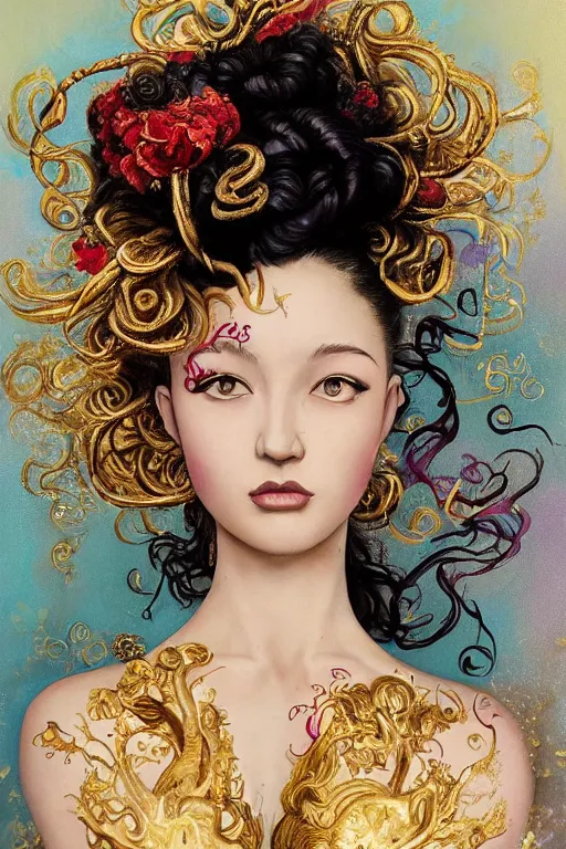 Image similar to an epic painting of a 19 years old girl figure, curly messy high bun hairstyle, whimsically designed oriental tattoos, subject wearing a gold and ruby alexander mcqueen medieval gown, flowing, ornate, beautiful, forbidden beauty, dramatic earth colors, with few vivid purple highlights, by Jeremy Mann, trending on Artstation, 80mm lens, rule of thirds, oil on canvas