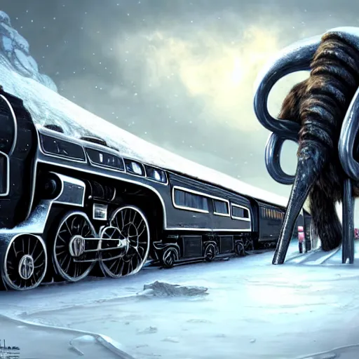 Image similar to a futuristic black steam train and a giant mammoth, post - apocalyptic ice landscape with heavy snow, concept art, artstation, highly detailed, digital art