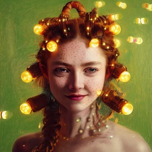 Image similar to a totally amazed smiling pretty robot surrounded by golden firefly lights in a mesmerizing scene, fully covering intricate detailed bohemian outfit, long loose red hair, precise linework, accurate green eyes, small nose with freckles, beautiful smooth oval head, expressive emotions, hyper realistic ultrafine portrait by artemisia gentileschi, jessica rossier, greg rutkowski, artgerm