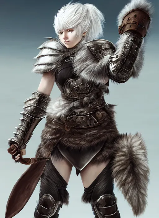 Image similar to warrior, fur - lined heavy armor!!! beautiful and athletic white hair female!! monster hunter!! character concept art, sharp focus, octane render! unreal engine 5! highly rendered!! trending on artstation!! detailed linework!! illustration by artgerm, wlop, and chie yoshii