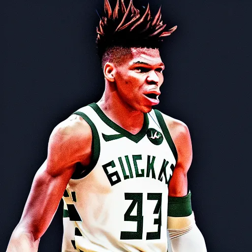 Prompt: Giannis Antetokounmpo going super Saiyan, manga 8k