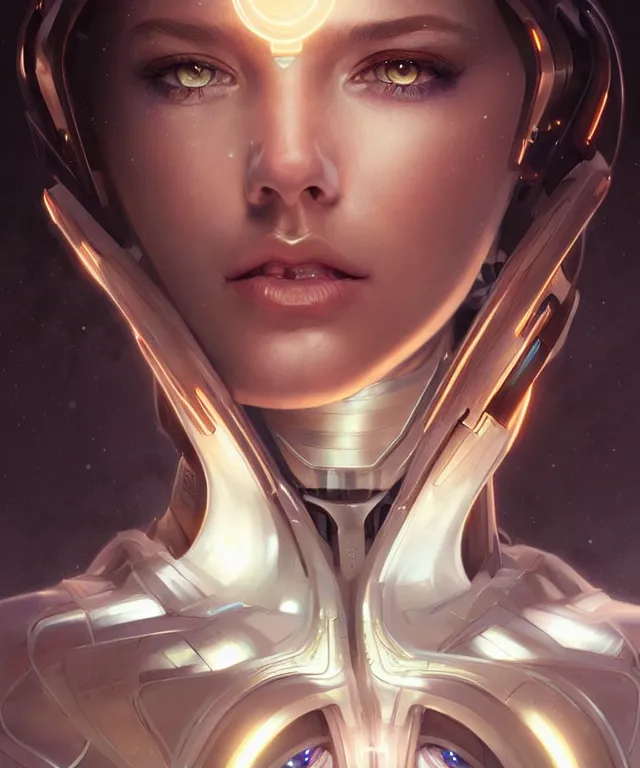 Image similar to futuristic woman Cyborg portrait, sci-fi, amber eyes, face, long hair, fantasy, intricate, elegant, highly detailed, digital painting, artstation, concept art, smooth, sharp focus, illustration, art by artgerm and greg rutkowski and alphonse mucha