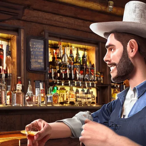 Prompt: A bartender serving a drink while talking to a customer, wild west, hyper realistic, super detailed, 4k, HDR