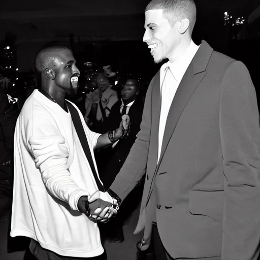 Image similar to a black and white photo of kanye west and pete davidson shaking hands