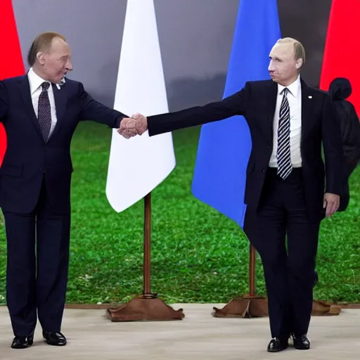 Prompt: biden and putin are in big pain while handshacking each other