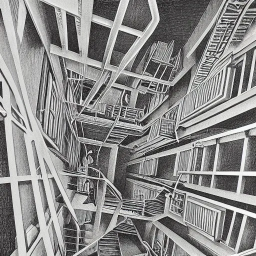 Image similar to a photocopy of a lost mc escher lithograph, extreme detailed