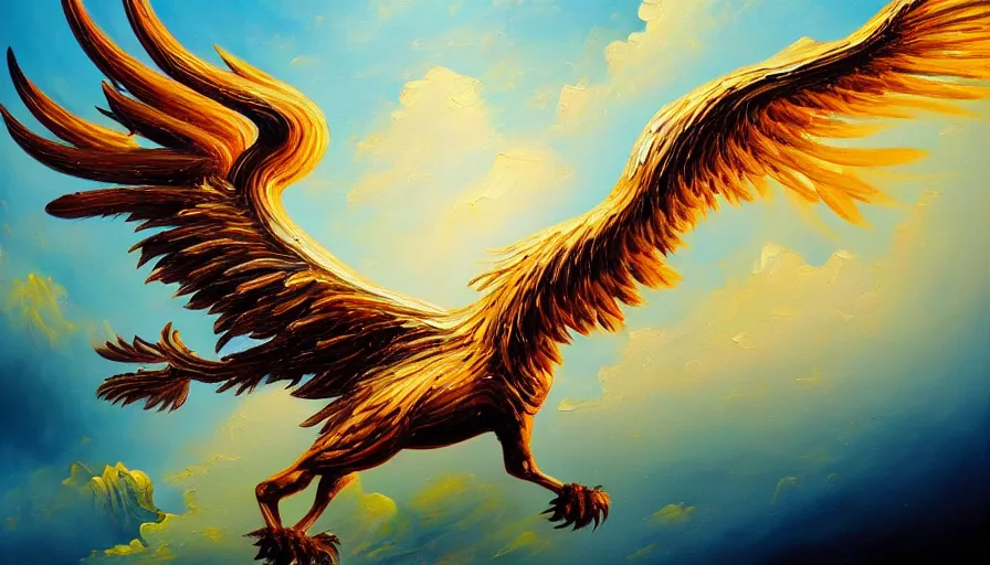 Prompt: highly detailed oil painting of a majestic griffin in flight, thick paint and visible brush strokes, 4 k resolution