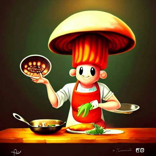 Prompt: a mushroom chef cooking a meal, fantasy illustration, detailed digital painting, trending on artstation