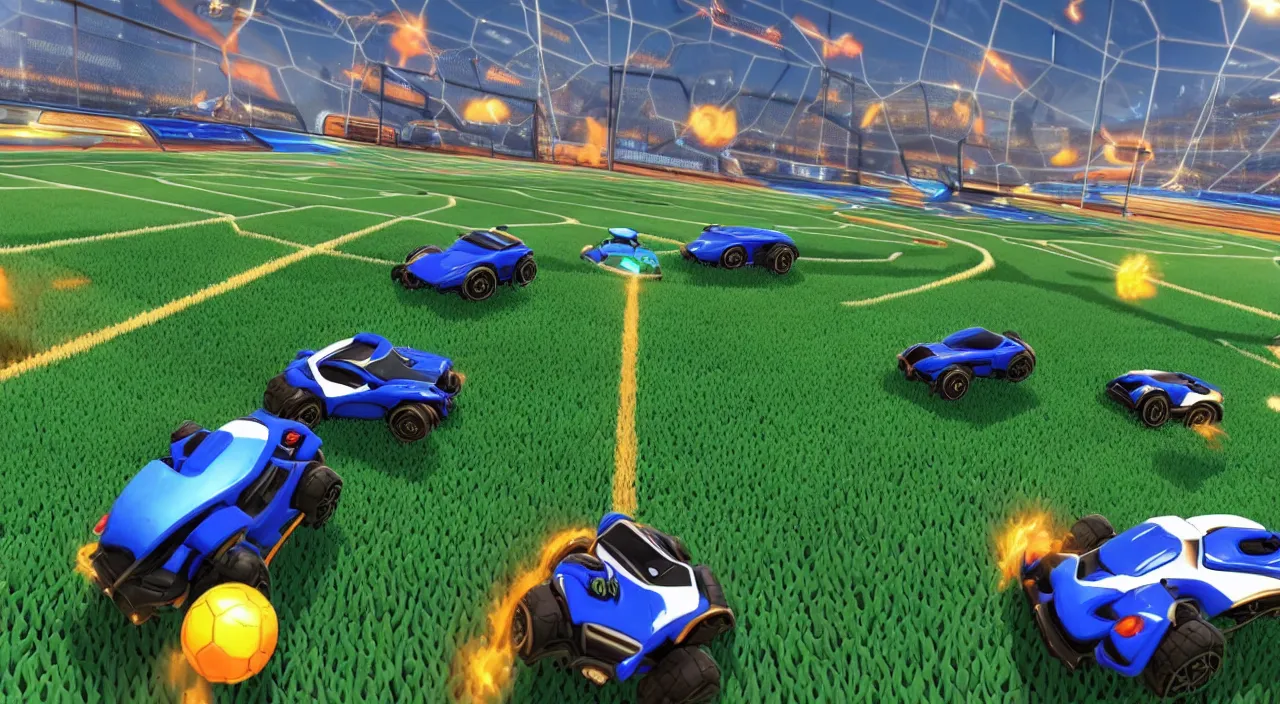 Prompt: a game of rocket league where the two cars have to stop due to a group of lost japanese tourists wandering across the field