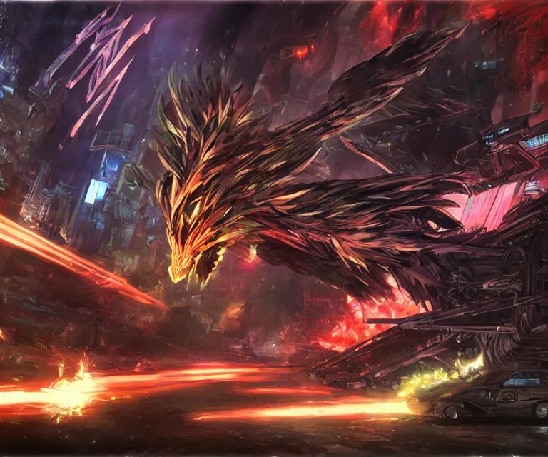 Prompt: neo tokyo, high fantasy, xenoblade chronicles, concept art, video game, phoenix flames