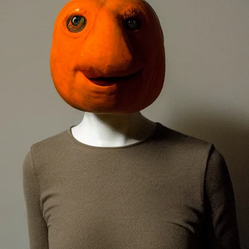 Image similar to a taxidermized humanaized orange, in a museum, portrait, sad eyes