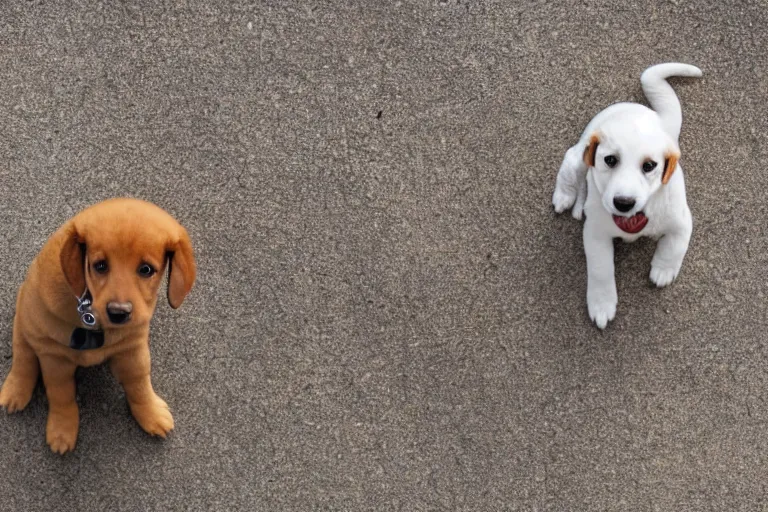 Image similar to a overhead view of a puppy standing on a ledge