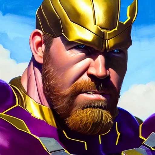 Prompt: greg manchess portrait painting of ryan reynolds as thanos!!! evil, sad! with a ginger cat as overwatch character, medium shot, asymmetrical, profile picture, organic painting, sunny day, matte painting, bold shapes, hard edges, street art, trending on artstation, by huang guangjian and gil elvgren and sachin teng