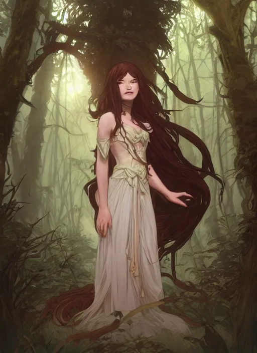 Image similar to a beautiful cute young demon princess in a forest, D&D, fantasy, intricate, cinematic lighting, highly detailed, digital painting, artstation, concept art, smooth, sharp focus, illustration, art by Terry Moore and Greg Rutkowski and Alphonse Mucha