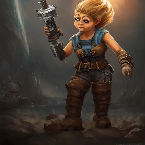 Prompt: full body portrait of a scrappy female gnome engineer with pixie undercut hair, one of her arms is a prosthetic metal thunder gauntlet, standing on a ship deck, naval background, fantasy, D&D, highly detailed, digital painting, HD, trending on ArtStation, dark fantasy, great composition, concept art, matte, sharp focus, illustration, by Greg Rutkowski