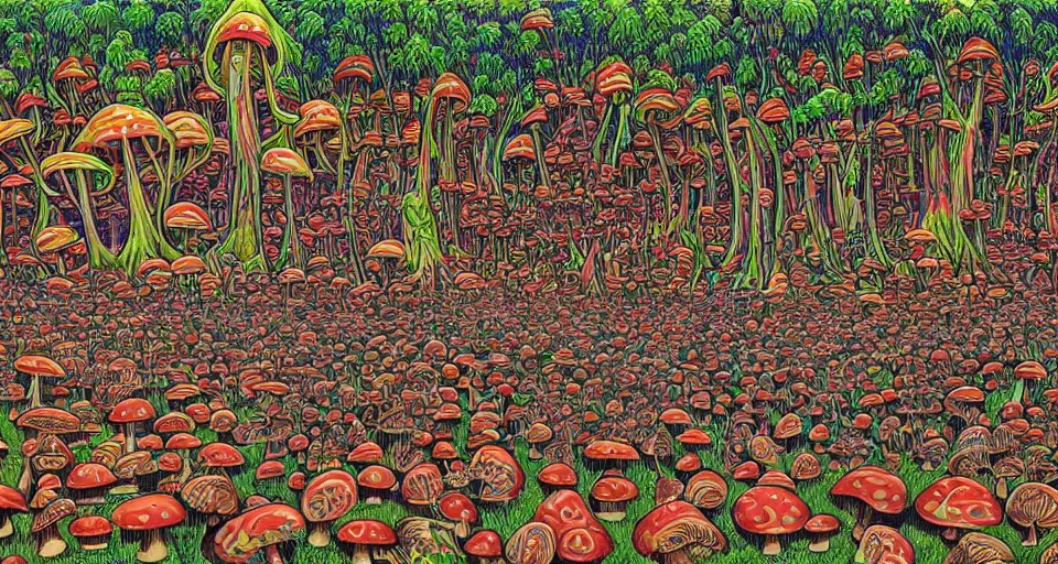 Prompt: A tribal village in a forest of giant mushrooms, by Alex Grey ,