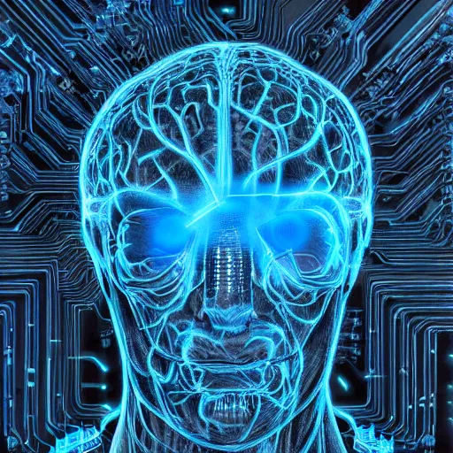 Prompt: cybernetic blue brain , brain,veins and cables, 8k, photorealistic ,Greg Rutkowski, trending on artstation ,hyper detailed, cybernetic, full of colour