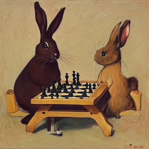 Image similar to a rabbit and a guinea pig playing chess, in the style of ilya repin