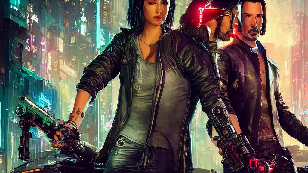 Prompt: a cyberpunk 2077 srcreenshot couple portrait of Keanu Reeves as johnny silverhand & female android in kiss,love story,film lighting,by Laurie Greasley,Lawrence Alma-Tadema,Dan Mumford,John Wick,Speed,Replicas,artstation,deviantart,FAN ART,full of color,Digital painting,face enhance,highly detailed,8K,octane,golden ratio,cinematic lighting