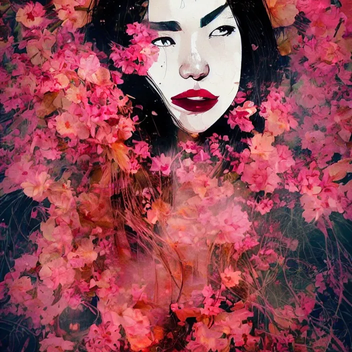 Image similar to candid portrait of very beautiful young filipino woman, surrounded by dramatic swirling smoke and flowers, face partially obscured, dark background, by conrad roset, abstract, trending on artstation