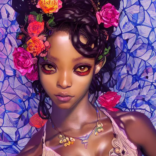 Prompt: the portrait of the absurdly beautiful, graceful, elegant, gorgeous, sensual black anime model goddess made of petals, an ultrafine hyperdetailed photograph by kim jung gi, irakli nadar, intricate linework, bright colors, octopath traveler, final fantasy, unreal engine 5 highly rendered, global illumination, radiant light, intricate environment, 8 k