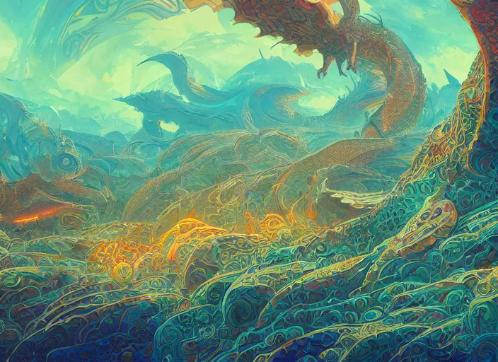 Image similar to psychedelic concept art of a dragon landscape made of thousands of spiraling dragons, cel shaded, in the style of makoto shinkai and moebius and peter mohrbacher and anton fadeev