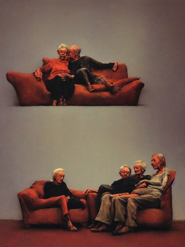 Prompt: photo of a very old couple sitting on a couch, part by Beksinski painting, part by Adrian Ghenie