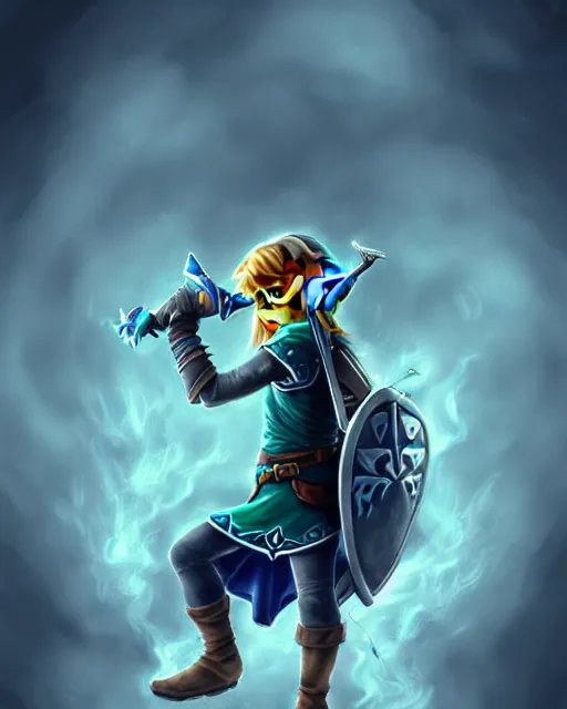 Prompt: link with his ocarina, flying notes, hyrule, soft grey and blue natural light, intricate, highly detailed dark art, digital painting, artstation, concept art, smooth, sharp focus,!