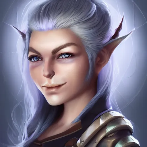 Image similar to fantasy portrait of a female human adventurer with white skin, white hair, white eyes without pupils, slightly - pointed ears, short wavy hair, eyebrow scar, trending on artstation, gentle smile, friendly, warm and welcoming, geode cave background