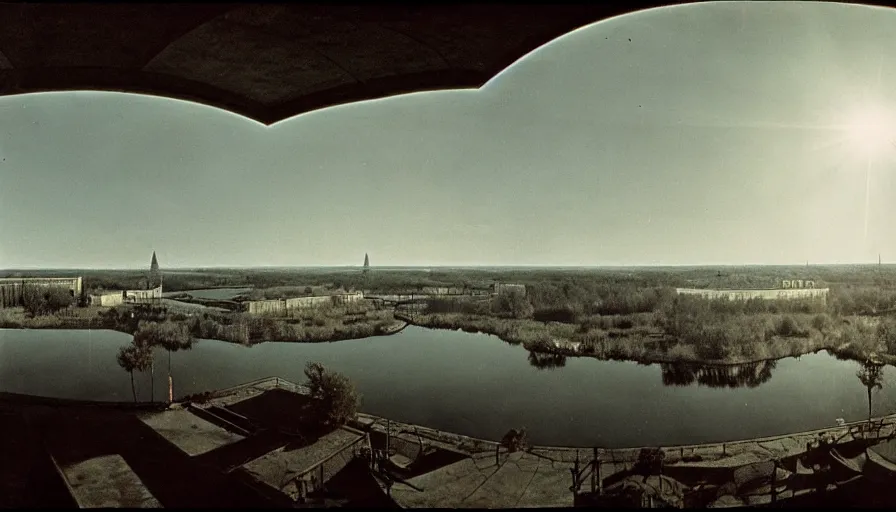 Image similar to 1 9 7 0 s movie still by andrei tarkovsky of a noneuclidian palace with a lake in the middle, by piranesi, panoramic, ultra wide lens, cinematic light, flare, anamorphic