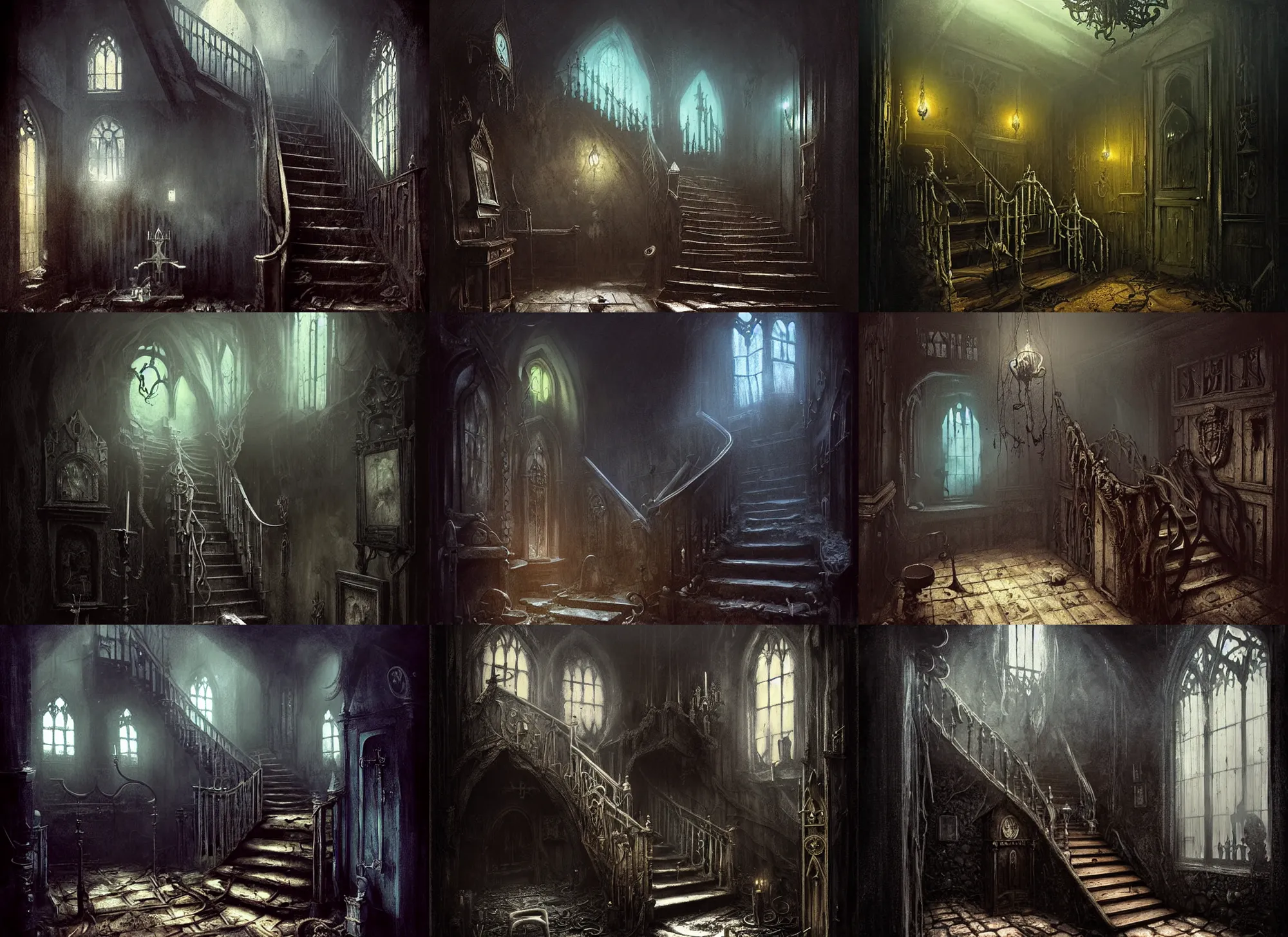 Prompt: gothic mansion cell with stair and grave in ground, wooden floor, darkness, evil, creepy, science, 1 9 century, hard atmosphere, lovercraft, insmouth, tentacles, artwork, paint, blue tones, detailed, by bastien lecouffe deharme, by jeremy mann, by alexander fedosav