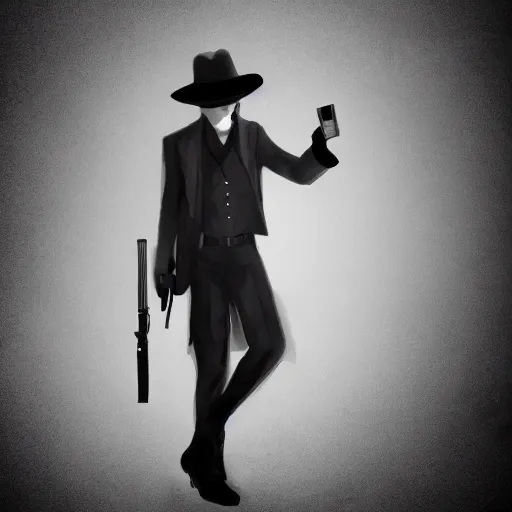 Image similar to mysterious man in black suit and black hat, he has a pistol, smoke, fog, mysterious, 4 k, highly detailed, digital art, strong shadows, high contrast, epic scene, atmospheric, blue colours, trending on artstation