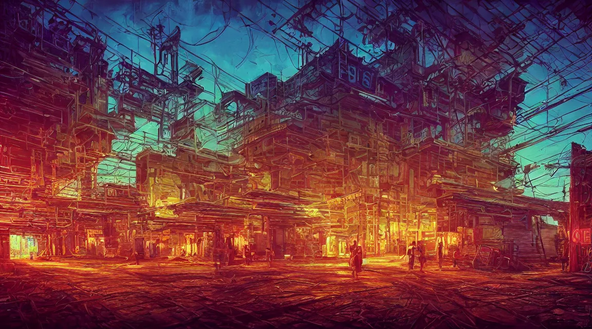 Image similar to Very highly detailed photo, post apocalyptic building, synthwave neon retro, by Vladimir Manyukhin, by Simon Stålenhag, by Guido Borelli, by Nathan Walsh, by Peter Gric, deviantart, trending on artstation, Photorealistic, vivid colors, polychromatic, glowing neon, geometric, concept art digital illustration, polished, beautiful, HDR Unreal Engine 64 megapixels IMAX Terragen 4.0, 8k resolution concept art filmic complex utopian mysterious moody futuristic