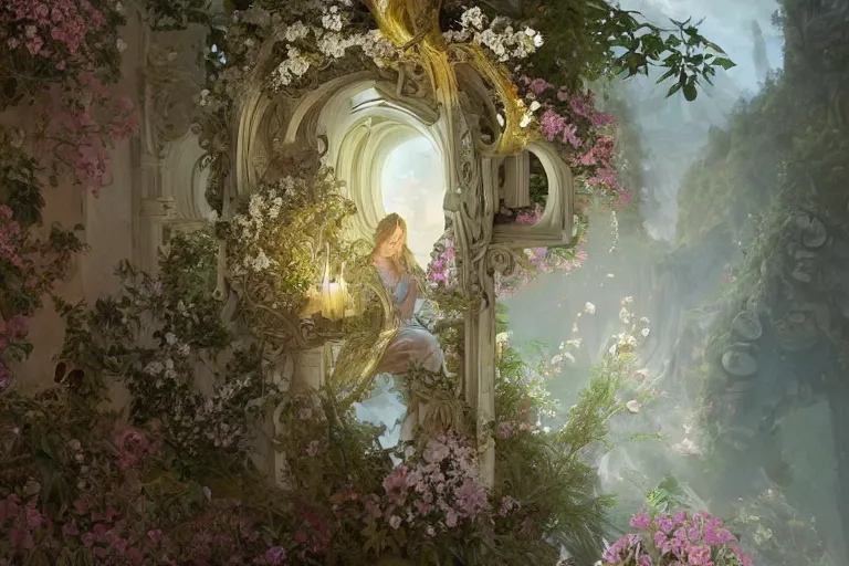 Image similar to ultra realistic illustration, baroque fairy gateway to flowerland from diablo and baldurs gate, intricate, elegant, highly detailed, digital painting, artstation, concept art, smooth, sharp focus, illustration, art by artgerm and greg rutkowski and alphonse mucha